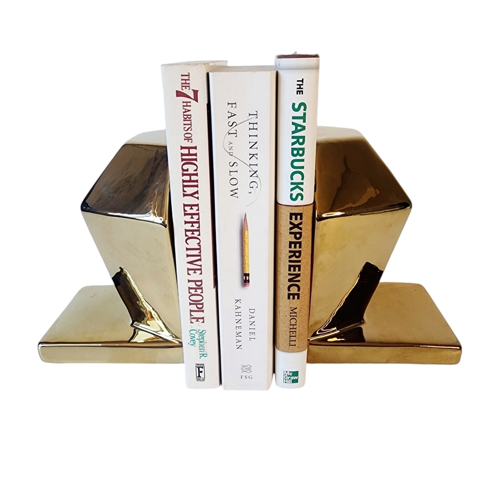 Diamond Shaped Gold Ceramic Bookends Vintage MCM Style